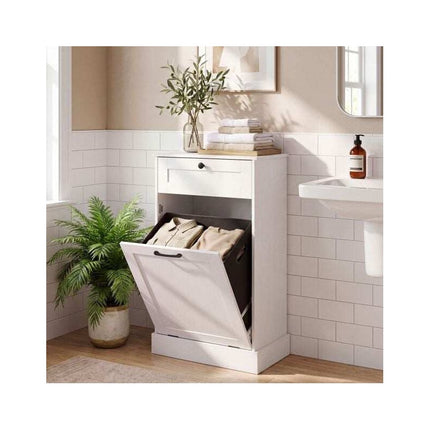 Laundry Cabinet with Tilt Out Hamper and Drawer, 39 L Removable Bin, White