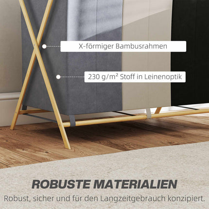 Veļas grozs ar 3 nodalījumiem, 129 l, salokāms, bambusa rāmis