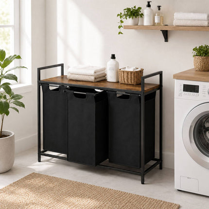 Laundry Sorter with 3 Pull-Out Bags and Top Shelf, 3 x 40 L, Black/Brown
