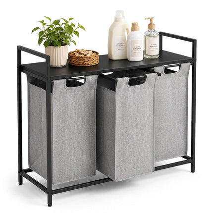 Laundry Sorter with 3 Pull-Out Bags and Top Shelf, 3 x 40 L, Black/Grey