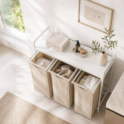 Laundry Sorter with 3 Pull-Out Bags and Top Shelf, 3 x 40 L, White/Beige