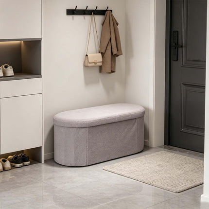 Gaiši pelēks rotaļu auduma uzglabāšanas sols – 76 cm ovāls