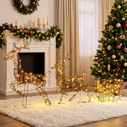 Light-Up Reindeer and Sleigh Set with 240 LEDs, 3 Pieces, 8 Modes, Timer