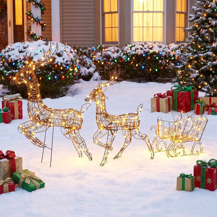 Light-Up Reindeer and Sleigh Set with 240 LEDs, 3 Pieces, 8 Modes, Timer