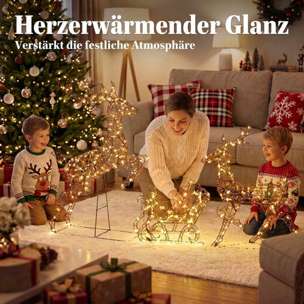 Light-Up Reindeer and Sleigh Set with 240 LEDs, 3 Pieces, 8 Modes, Timer