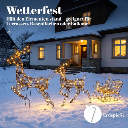 Light-Up Reindeer and Sleigh Set with 240 LEDs, 3 Pieces, 8 Modes, Timer