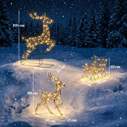 Light-Up Reindeer and Sleigh Set with 240 LEDs, 3 Pieces, 8 Modes, Timer