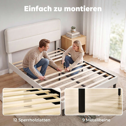 Linen-Look Double Bed 140 x 200 cm with Horizontal Headboard, Beige, 12 Slats
