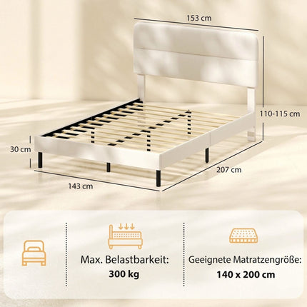 Linen-Look Double Bed 140 x 200 cm with Horizontal Headboard, Beige, 12 Slats