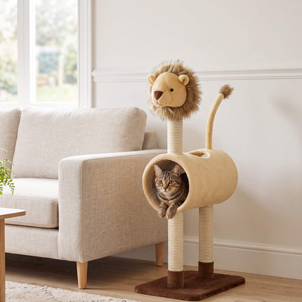Lion Design Cat Tree 104 cm with Tunnel and Hanging Tail, Light Brown