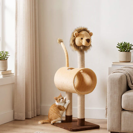 Lion Design Cat Tree 104 cm with Tunnel and Hanging Tail, Light Brown