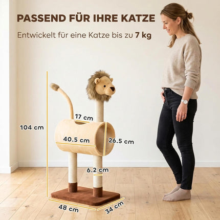 Lion Design Cat Tree 104 cm with Tunnel and Hanging Tail, Light Brown