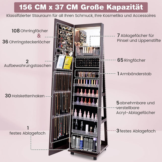 Slēdzams rotaslietu skapis ar spoguli, LED, regulējamiem plauktiem