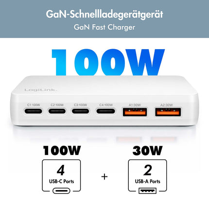 LogiLink 100W GaN lādētājs ar 4x USB-C un 2x USB-A portiem, balts, PD 3.0