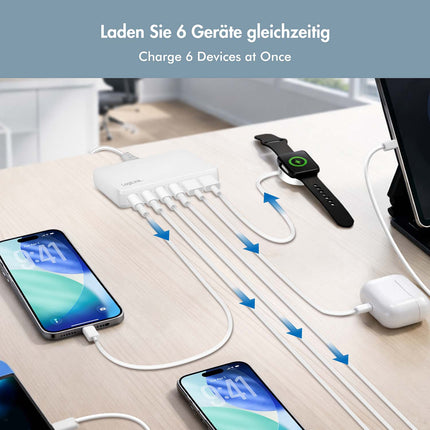 LogiLink 100W GaN lādētājs ar 4x USB-C un 2x USB-A portiem, balts, PD 3.0