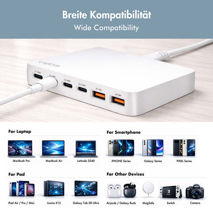 LogiLink 100W GaN lādētājs ar 4x USB-C un 2x USB-A portiem, balts, PD 3.0