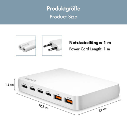 LogiLink 100W GaN lādētājs ar 4x USB-C un 2x USB-A portiem, balts, PD 3.0