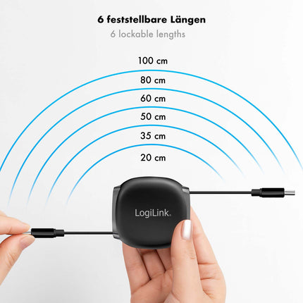 LogiLink ievelkams USB-C kabelis 1 m, 60 W ātra uzlāde, melns, magnētiskie gali