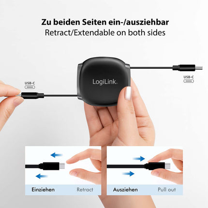LogiLink ievelkams USB-C kabelis 1 m, 60 W ātra uzlāde, melns, magnētiskie gali