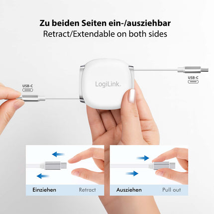 LogiLink ievelkams USB-C kabelis 1 m, 60 W ātra uzlāde, balts, magnētiskie gali