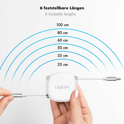 LogiLink ievelkams USB-C kabelis 1 m, 60 W ātra uzlāde, balts, magnētiskie gali