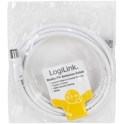 LogiLink TV antenas kabelis 2,5 m, IEC tēviņš uz mātīti, balts, dubulti ekranēts