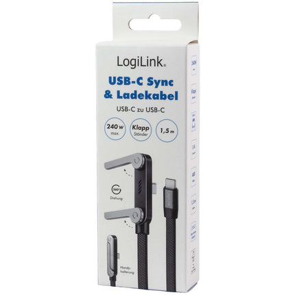 LogiLink USB-C kabelis ar iebūvētu tālruņa statīvu, 240 W PD, 1,5 m, melns, pīts
