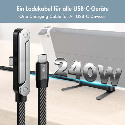 LogiLink USB-C kabelis ar iebūvētu tālruņa statīvu, 240 W PD, 1,5 m, melns, pīts