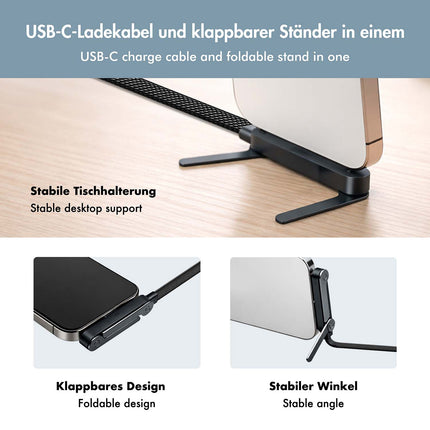 LogiLink USB-C kabelis ar iebūvētu tālruņa statīvu, 240 W PD, 1,5 m, melns, pīts