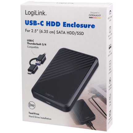 LogiLink USB-C korpuss 2,5 collu SATA HDD/SSD diskam līdz 10 TB, 5 Gbps, melns