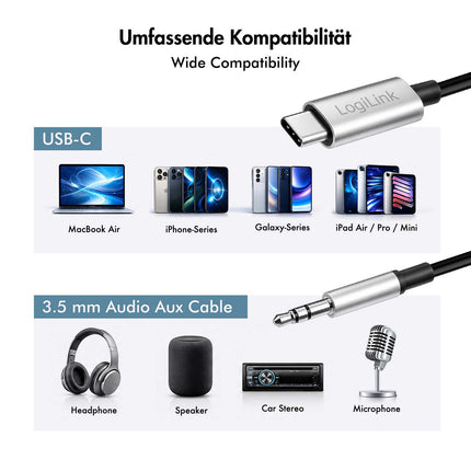 LogiLink USB-C uz 3,5 mm ligzdas audio kabelis ar DAC, 1 m, melns, stereo