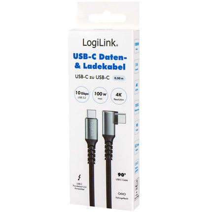 LogiLink USB-C uz USB-C kabelis 0,5 m, 90° leņķis, 100 W PD, pelēks/melns