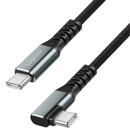 LogiLink USB-C uz USB-C kabelis 1 m, 90° leņķis, 100 W PD, pelēks/melns, 4K 60Hz