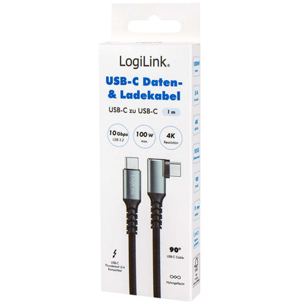 LogiLink USB-C uz USB-C kabelis 1 m, 90° leņķis, 100 W PD, pelēks/melns, 4K 60Hz