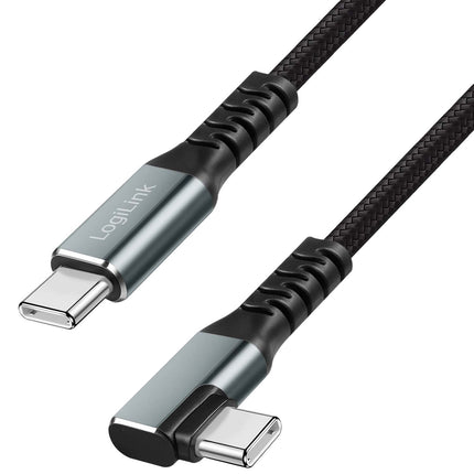 LogiLink USB-C uz USB-C kabelis 2 m, 90° leņķis, 100 W PD, pelēks/melns, 4K 60Hz