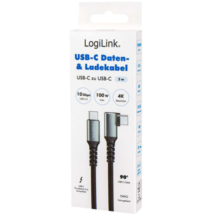 LogiLink USB-C uz USB-C kabelis 2 m, 90° leņķis, 100 W PD, pelēks/melns, 4K 60Hz