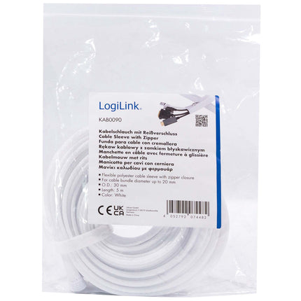LogiLink Zip kabeļa uzmava 30 mm x 5 m ar 360° aizsardzību, balta, pinuma