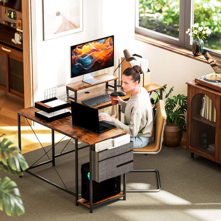 L-shaped corner desk with storage, reversible, rustic brown