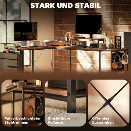 L-shaped corner desk with storage, reversible, rustic brown