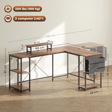 L-shaped corner desk with storage, reversible, rustic brown