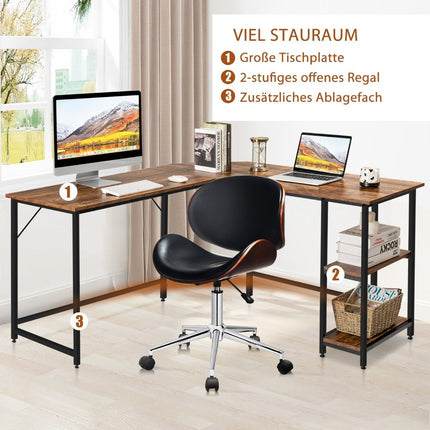 L-veida rakstāmgalds mājas birojam ar 2 plauktiem 138 x 138 x 75,5 cm kafijas brūns + melns