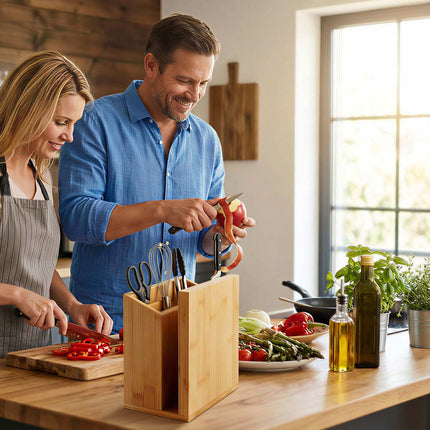 Magnetic Knife Block with Utensil Holder, Bamboo, Natural