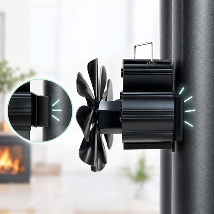 Magnetic Stove Fan for Flue Pipes with Thermometer, Black, 6 Blades