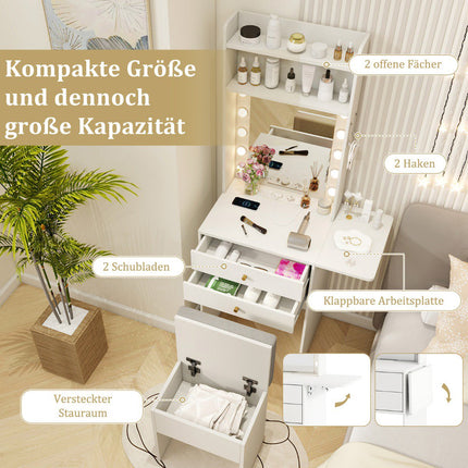 Kosmētikas galdiņš ar apgaismotu spoguli, taburete, USB, balts