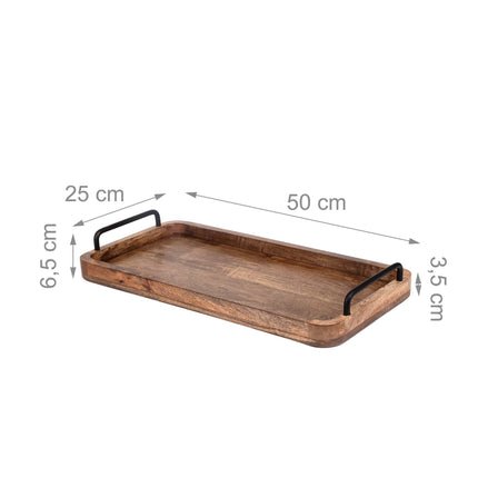 Mango koka servēšanas paplāte ar metāla rokturiem, 50x25 cm