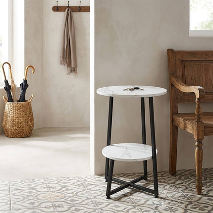 Marble-Effect Side Table with 2 Tiers and Cross Frame, Round, White, Black
