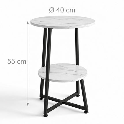 Marble-Effect Side Table with 2 Tiers and Cross Frame, Round, White, Black
