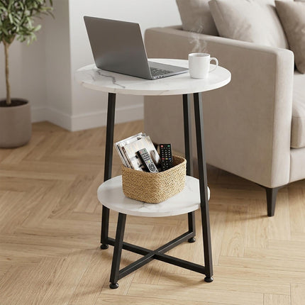 Marble-Effect Side Table with 2 Tiers and Cross Frame, Round, White, Black