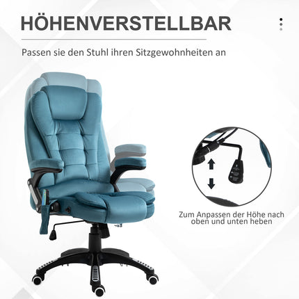 Masāžas krēsls, vadītāja krēsls ar masāžas funkciju, grozāms krēsls ar regulējamu augstumu, ergonomisks spēļu krēsls, biroja krēsls, zils, 67 x 74 x 107-116 cm