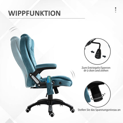 Masāžas krēsls, vadītāja krēsls ar masāžas funkciju, grozāms krēsls ar regulējamu augstumu, ergonomisks spēļu krēsls, biroja krēsls, zils, 67 x 74 x 107-116 cm
